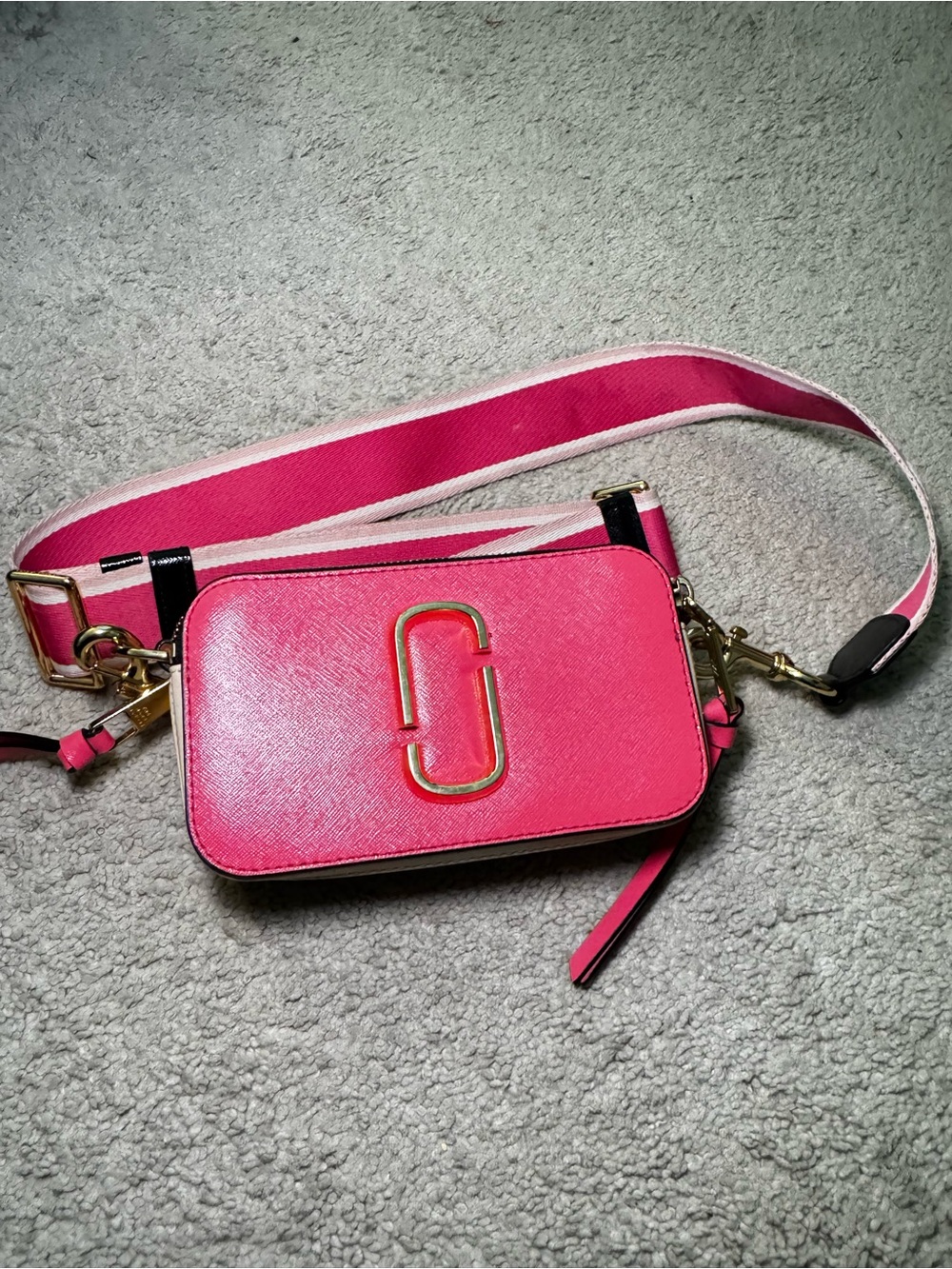 Marc Jacobs Bright Pink Camera Bag with Striped Strap